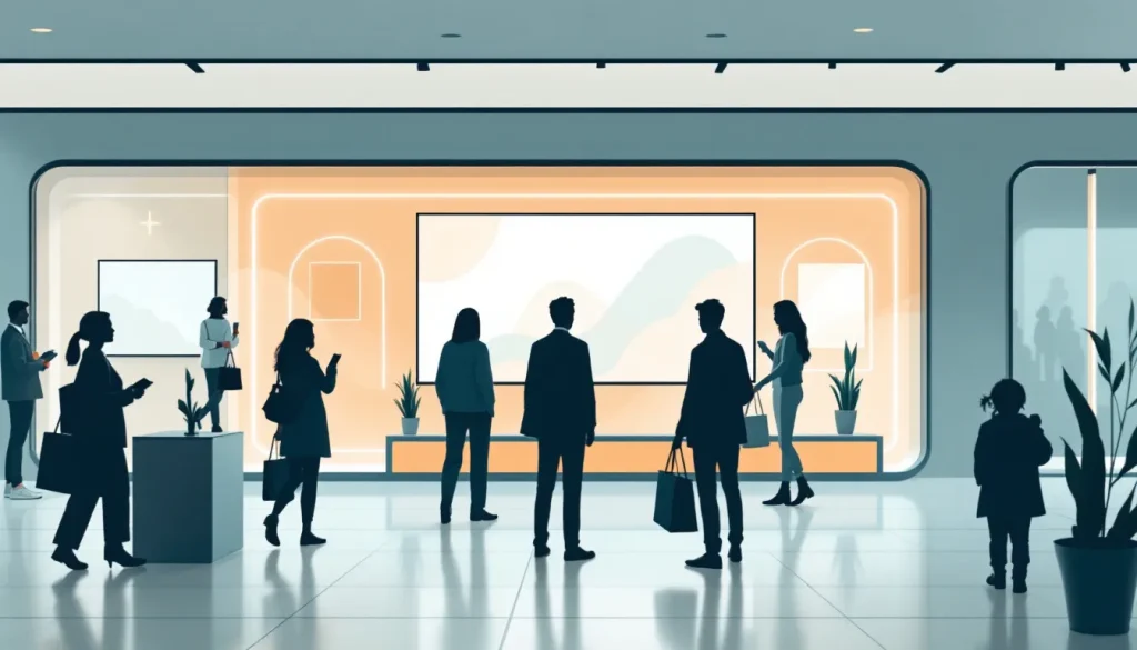 Ilustración editorial de promoción retail en tienda de electrónica con ambiente cálido